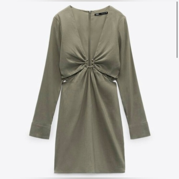 Zara * Stretchy Linen Blend Short Mini Dress Cut Out Green Olive L - Picture 1 of 8